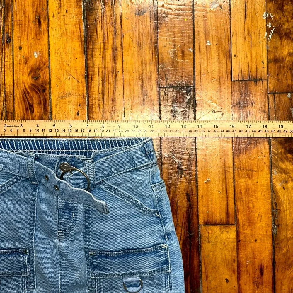 Justice Mini Skirt Girls Size 8 Blue Denim Cargo Pockets Belted Waist Utility